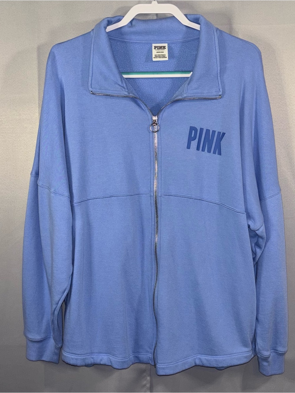 PINK Victoria's Secret Light Blue Full Zip Fleece Sweatshirt Jacket Size Large